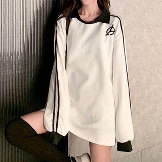 Striped Mock Two-piece Embroidered Pullover White - One Size