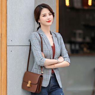 Elbow-sleeve Plaid Blazer / Wide-leg Shorts / Set