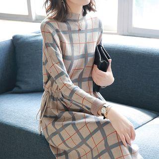 Long-sleeve Mock Neck Plaid Midi Knit Dress