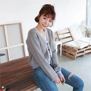 V-neck Contrast-trim Blouson Cardigan