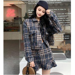 Plaid Tweed Buttoned Jacket / Mini A-line Skirt