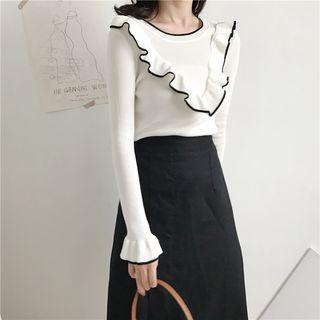 Frilled Chevron Long-sleeve Knit Sweater