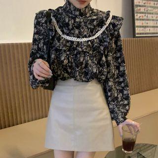 Ruffle Floral Long-sleeve Shirt Black - One Size