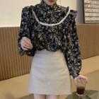 Ruffle Floral Long-sleeve Shirt Black - One Size