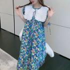 Set: Puff-sleeve Floral Midi A-line Dress + Shawl
