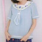 Floral Embroidered Collar Short-sleeve Top