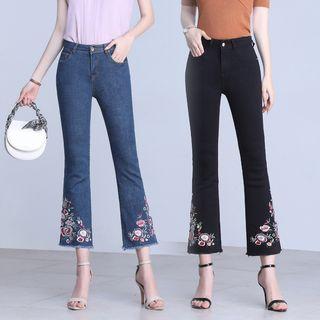 Floral Embroidery Boot-cut Jeans