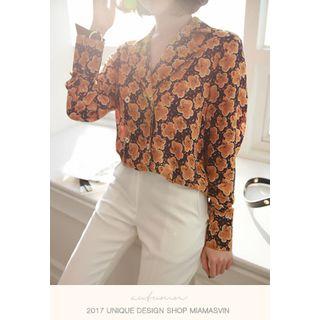 Notched-collar Buttoned Flower Pattern Blouse