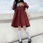 Puff-sleeve Bow Accent A-line Dress Red - One Size