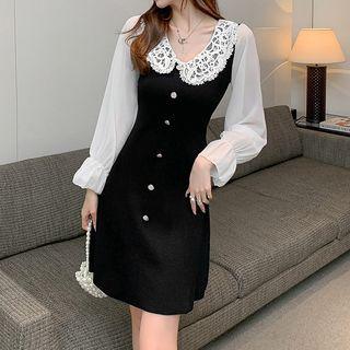 Long-sleeve Collared Panel Dress Black - One Size