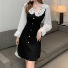 Long-sleeve Collared Panel Dress Black - One Size