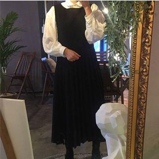 Lantern-sleeve Blouse / Pleated Hem Midi Pinafore Dress