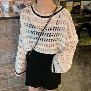 Contrast Trim Pointelle Knit Top White - One Size