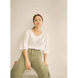 Elbow-sleeve Brushed Fleece T-shirt Ivory - One Size
