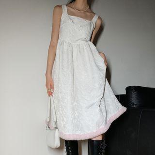 Sleeveless Floral Fleece Trim Midi Dress