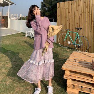 Back-slit Sweatshirt / Floral Print A-line Midi Skirt