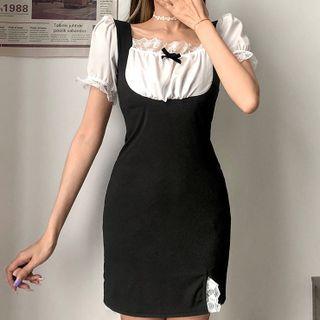 Mock Two-piece Square Neck Slited Bodycon Dress