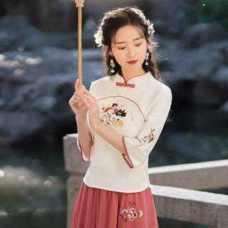 Mandarin Collar Embroidered Blouse / Midi A-line Skirt