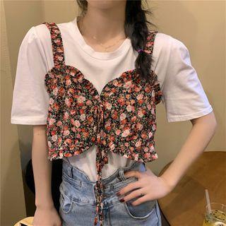 Floral Print Camisole / Plain Short Sleeve T-shirt