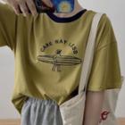Elbow-sleeve Print T-shirt Mustard Yellow - One Size