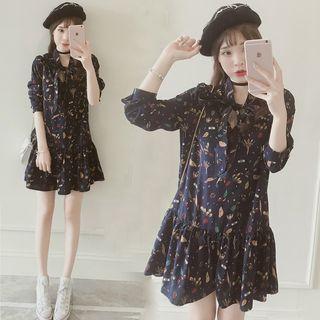 Floral Print Long-sleeve Tie-neck Chiffon Dress
