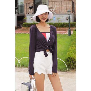 Set: Color-block Tube Top + V-neck Cardigan