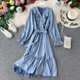 Long-sleeve Ruffled Sashed Midi A-line Dress