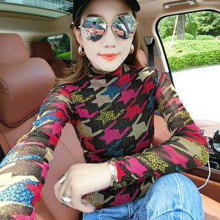 Long-sleeve Turtleneck Houndstooth Mesh Top
