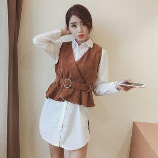 Set : Long-sleeve Blouse + Corduroy Vest