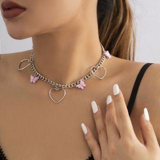 Hollow Heart Chain Necklace 1pc - 5102 - Silver & Pink - One Size