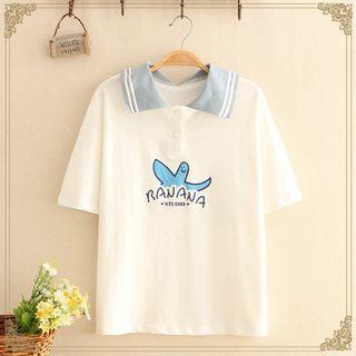 Color-block Collar Printed Short-sleeve Top