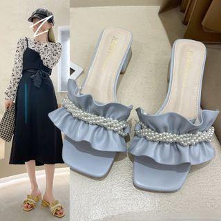 Faux Pearl Ruffled Chunky-heel Slide Sandals