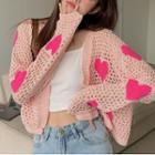 Heart Pointelle Knit Cardigan Pink - One Size