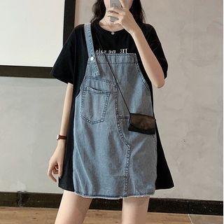 Mock Two-piece Lettering Panel Short-sleeve Top