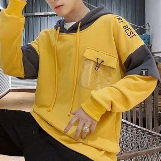 Mock Two-piece Pvc Pocket Lettering Hoodie