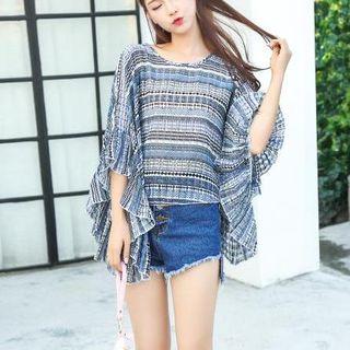 Batwing-sleeve Cutout Printed Top