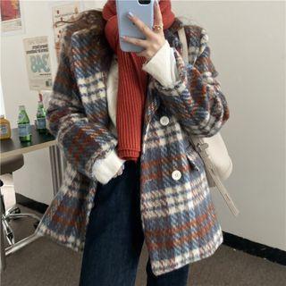 Long-sleeve Plaid Fleece Blazer Plaid - Blue & White - One Size