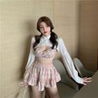 Plaid Cropped Camisole Top / Mini A-line Skort / Long-sleeve Cropped Blouse / Set