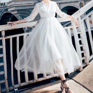 3/4/-sleeve Midi A-line Mesh Dress
