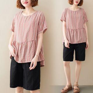 Short-sleeve Plaid T-shirt Pink - One Size