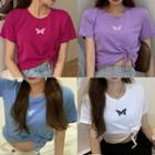 Short-sleeve Drawstring Butterfly Embroidered T-shirt