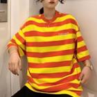 Elbow-sleeve Letter Striped T-shirt