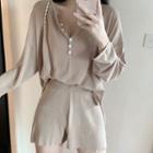 Set Of 2: V-neck Button Long-sleeve Top + Loose-fit Shorts