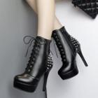 Studded Detail Platform High-heel Lace-up Short Boots