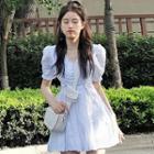 Puff-sleeve Button-up Drawstring Mini A-line Dress