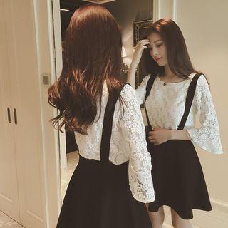 Set: 3/4 Sleeve Lace Blouse + Suspender Flared Skirt