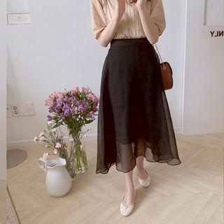 Band-waist Sheer Linen Blend Skirt