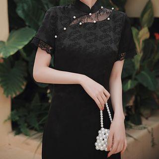 Short-sleeve Faux Pearl Trim Lace Midi Qipao Dress