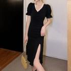 Short-sleeve Frill Trim Slit A-line Dress