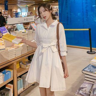 Elbow-sleeve Mini Shirt Dress